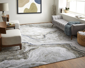 HomeRoots 5' Contemporary Ivory Blue and Gray Abstract Area Rug - Soft, Durable, Stain-Resistant Design for Homes 8' X 11' 511906