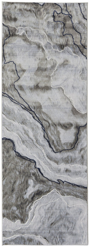 HomeRoots 5' Contemporary Ivory Blue and Gray Abstract Area Rug - Soft, Durable, Stain-Resistant Design for Homes 8' Runner 511908
