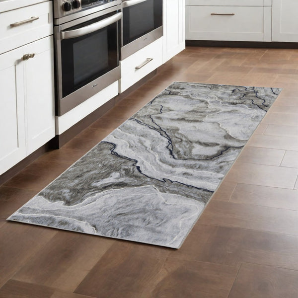 HomeRoots 5' Contemporary Ivory Blue and Gray Abstract Area Rug - Soft, Durable, Stain-Resistant Design for Homes 8' Runner 511908