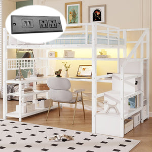 English Elm Full Size Steel Loft Bed with Staircase Storage Wardrobe Desk and Led Lighting White W2593S00078