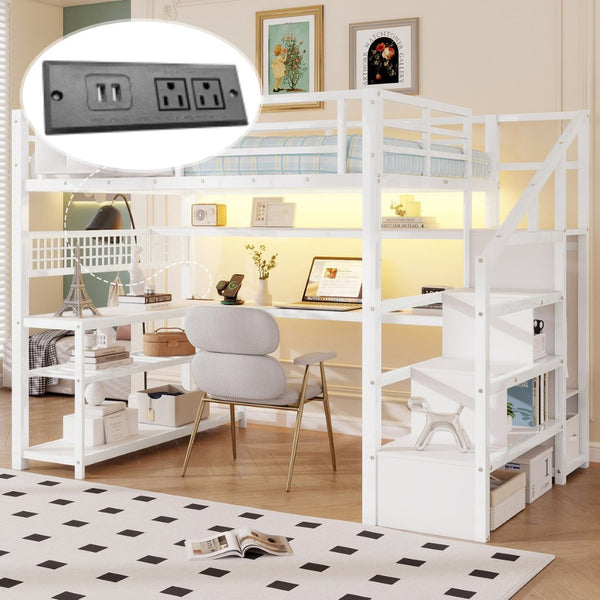 English Elm Full Size Steel Loft Bed with Staircase Storage Wardrobe Desk and Led Lighting White W2593S00078