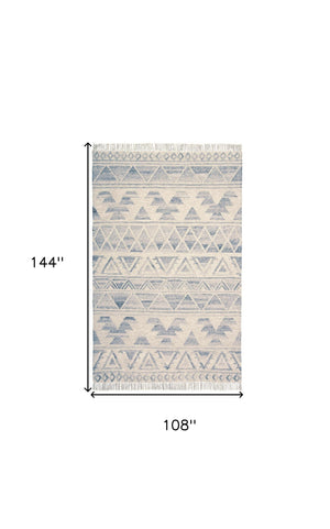 Homeroots 9' X 12' Blue And Ivory Wool Geometric Flatweave Handmade Area Rug With Fringe  Wool 511988
