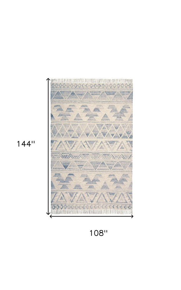 Homeroots 9' X 12' Blue And Ivory Wool Geometric Flatweave Handmade Area Rug With Fringe  Wool 511988