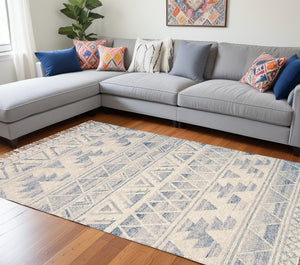 Homeroots 9' X 12' Blue And Ivory Wool Geometric Flatweave Handmade Area Rug With Fringe  Wool 511988