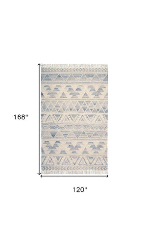 Homeroots 10' X 14' Blue And Ivory Wool Geometric Flatweave Handmade Area Rug With Fringe  Wool 511989