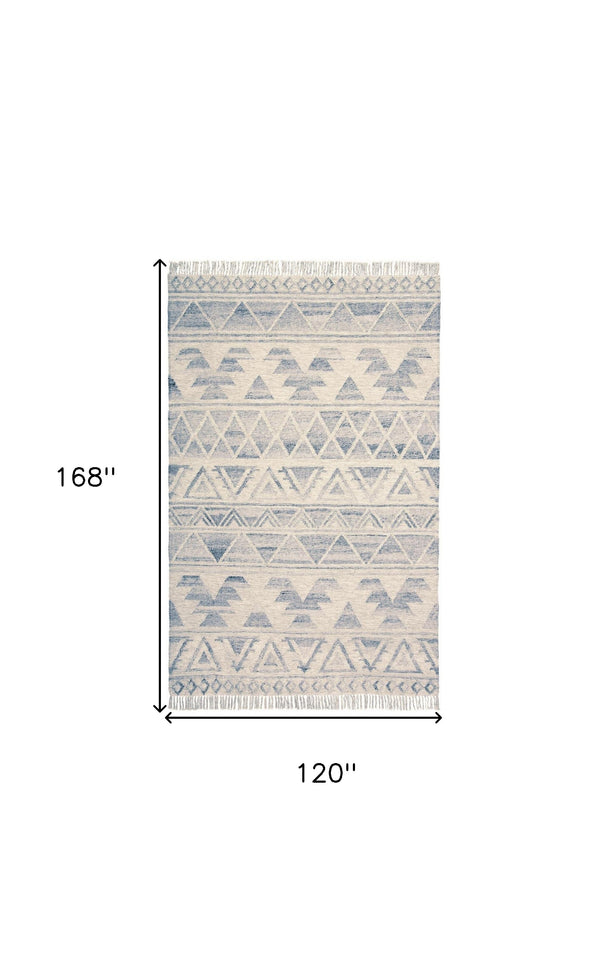 Homeroots 10' X 14' Blue And Ivory Wool Geometric Flatweave Handmade Area Rug With Fringe  Wool 511989