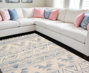 Homeroots 10' X 14' Blue And Ivory Wool Geometric Flatweave Handmade Area Rug With Fringe  Wool 511989