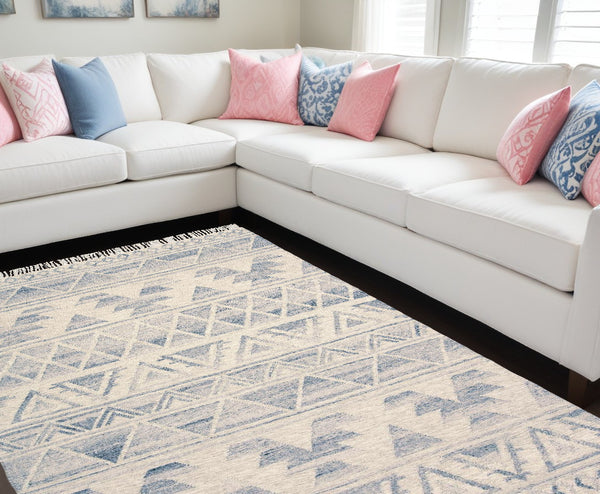 Homeroots 10' X 14' Blue And Ivory Wool Geometric Flatweave Handmade Area Rug With Fringe  Wool 511989