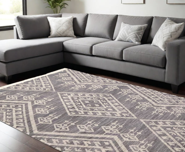 HomeRoots 9' Handmade Wool Geometric Dhurrie Area Rug in Gray, Ivory & Blue – Elegant Flatweave Design 9' X 12' 511992