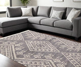 Handmade Geometric Dhurrie Area Rug in Gray Ivory and Blue with Timeless Fringe Design