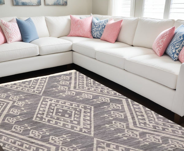 HomeRoots 9' Handmade Wool Geometric Dhurrie Area Rug in Gray, Ivory & Blue – Elegant Flatweave Design 10' X 14' 511993