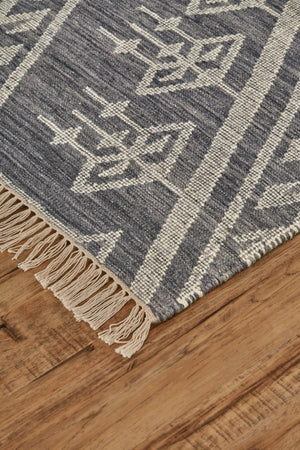 HomeRoots 9' Handmade Wool Geometric Dhurrie Area Rug in Gray, Ivory & Blue – Elegant Flatweave Design 10' X 14' 511993