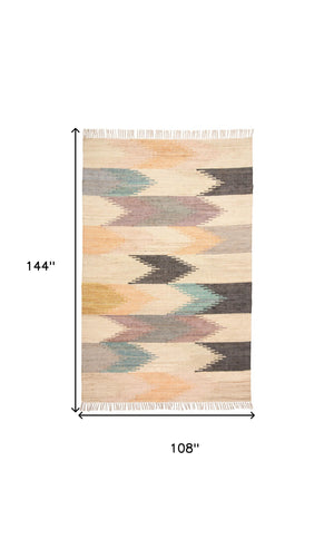 Homeroots 9' X 12' Tan Blue And Orange Geometric Dhurrie Flatweave Handmade Area Rug With Fringe  Jute 511996