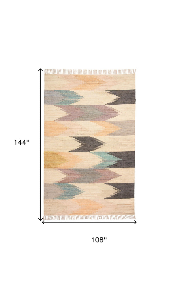 Homeroots 9' X 12' Tan Blue And Orange Geometric Dhurrie Flatweave Handmade Area Rug With Fringe  Jute 511996