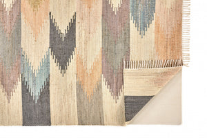 Homeroots 9' X 12' Tan Blue And Orange Geometric Dhurrie Flatweave Handmade Area Rug With Fringe  Jute 511996