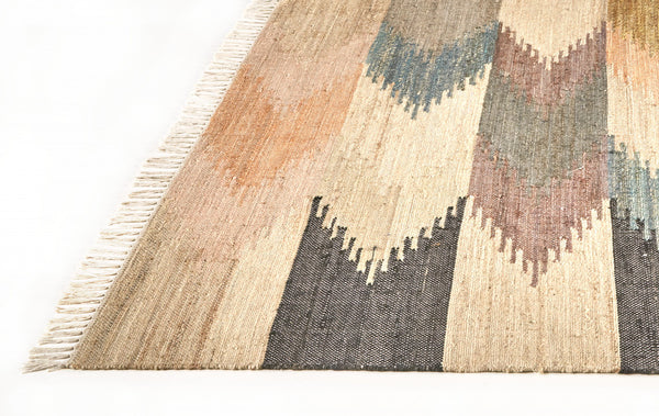 Homeroots 9' X 12' Tan Blue And Orange Geometric Dhurrie Flatweave Handmade Area Rug With Fringe  Jute 511996