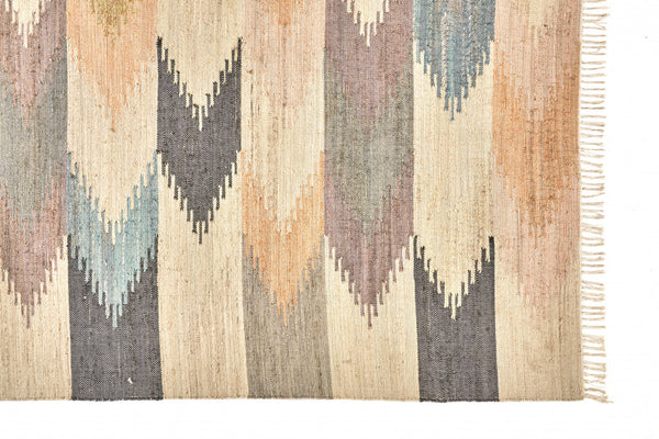 Homeroots 9' X 12' Tan Blue And Orange Geometric Dhurrie Flatweave Handmade Area Rug With Fringe  Jute 511996