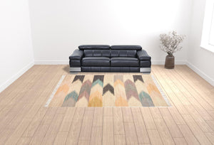 Homeroots 9' X 12' Tan Blue And Orange Geometric Dhurrie Flatweave Handmade Area Rug With Fringe  Jute 511996