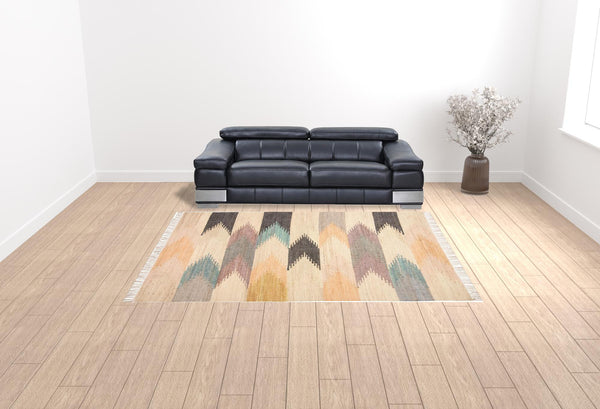 Homeroots 9' X 12' Tan Blue And Orange Geometric Dhurrie Flatweave Handmade Area Rug With Fringe  Jute 511996