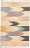 Handmade Geometric Area Rug - Tan, Blue & Orange Flatweave with Tassel Ends for Stylish Homes