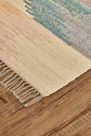 Homeroots 10' X 14' Tan Blue And Orange Geometric Dhurrie Flatweave Handmade Area Rug With Fringe  Jute 511997