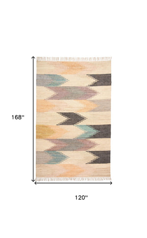 Homeroots 10' X 14' Tan Blue And Orange Geometric Dhurrie Flatweave Handmade Area Rug With Fringe  Jute 511997