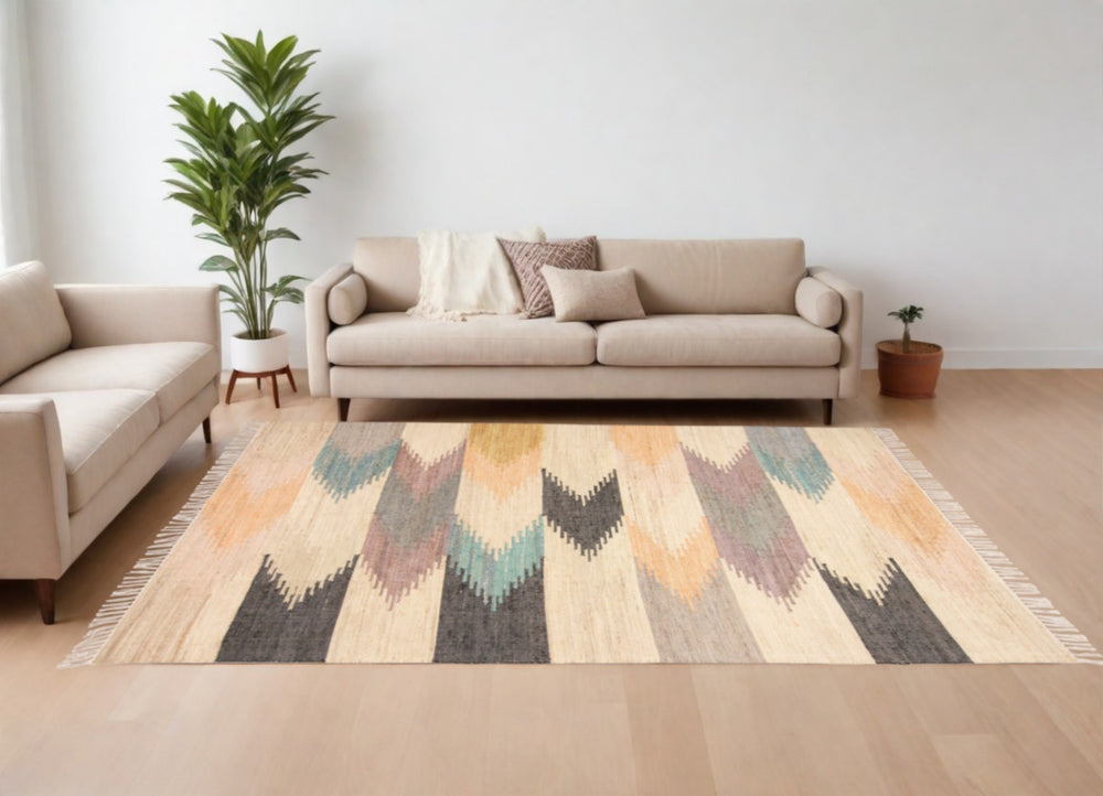 Homeroots 10' X 14' Tan Blue And Orange Geometric Dhurrie Flatweave Handmade Area Rug With Fringe  Jute 511997