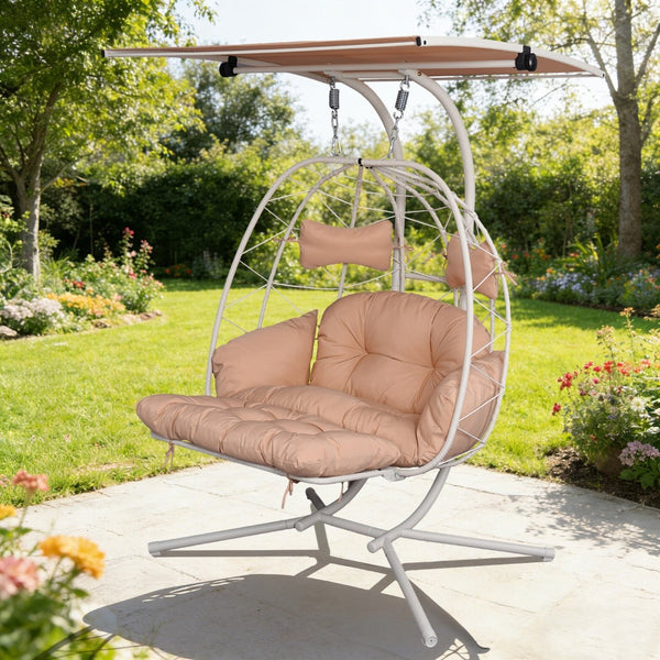 English Elm 2-person Outdoor Wicker Egg Chair Hanging Swing with Canopy Stand and Cushions Beige+White T5880P502253