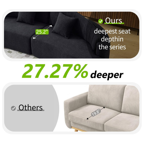 English Elm Curved Four Seat Chenille Sofa with Removable Backrest for Retro Apartment Living Black W3612S00041