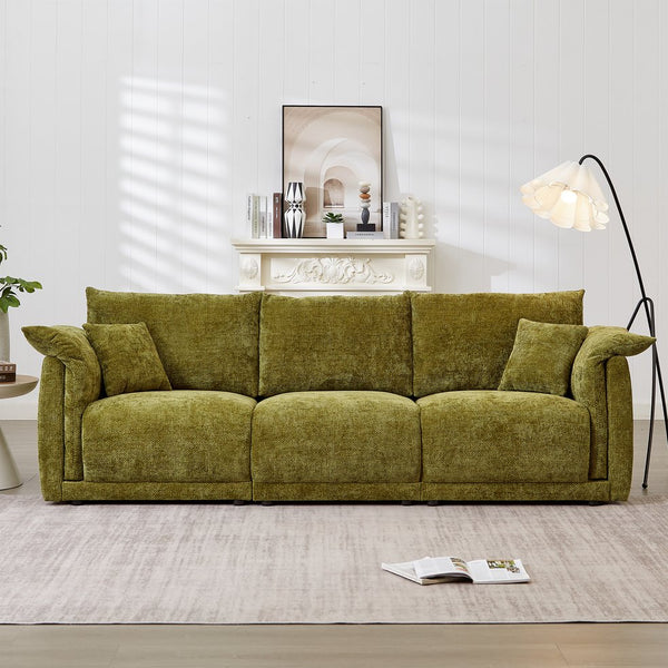 English Elm 98.5" 3-seater sofa with upholstered armrests and plush cushions, modern linen sofa with high weight capacity Green W1193S00142