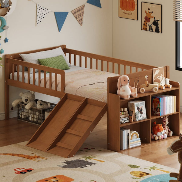 English Elm Twin Platform Kids Bed with Slide Ladder Guardrails Storage Shelf Wood Frame Walnut N733S415411M