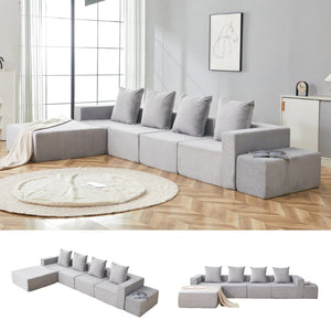English Elm L-shaped Modular Sectional with Ottoman Corduroy Upholstery Four Seat Living Room Sofa Gray W2699S00082
