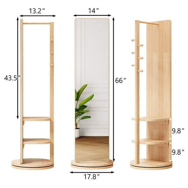 English Elm 360° Swivel Full Length Floor Mirror with Coat Hooks Rubberwood Stand Entryway Bedroom W2987P438044