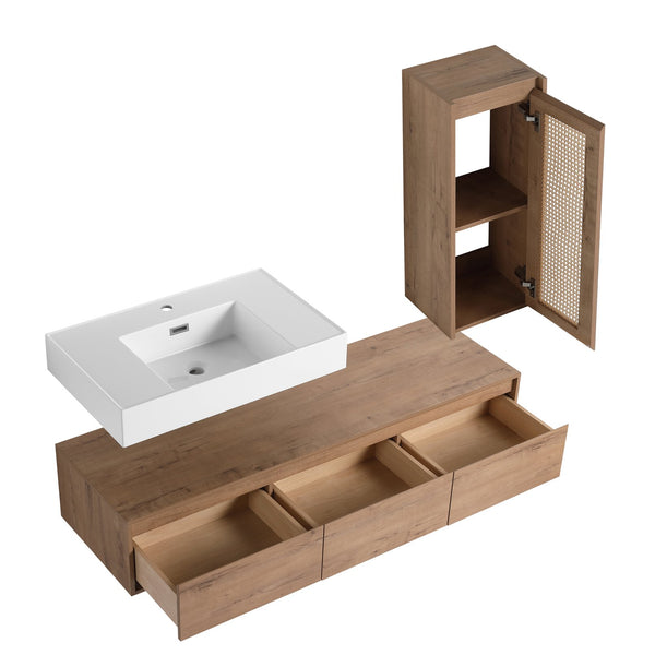 English Elm 60 Inch Wall-Mounted Bathroom Vanity Set With Resin Sink, Soft-Close Drawers & Side Cabinet Storage W999S00357