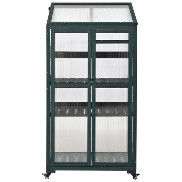 English Elm Topmax Fir Wood Portable Greenhouse with Polycarbonate Panels Adjustable Shelves and Casters N717P221494F