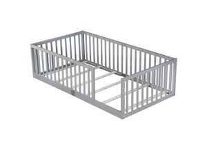 English Elm Twin Floor Bed Solid Rubber Wood with Tall Safety Railings for Toddler Sleep Grey W504P287642