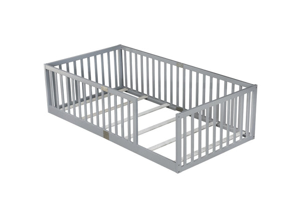 English Elm Twin House Frame Floor Bed Rubberwood with Roof Canopy and Safety Rails for Kids Grey W504P429529