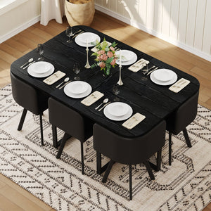 English Elm 7-piece Industrial Dining Set with Wood Grain Table and Oil-waxed Leather Seating W3875S00093
