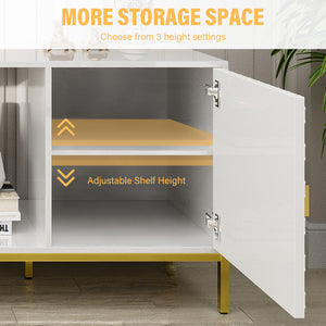 English Elm 70 Electric Fireplace TV Stand with Honeycomb Doors & Gold Legs, Sturdy MDF Console with Adjustable Shelves and Open Storage for Modern Living Room White 75.6 L x 19.3 W x 5.5 H T3609P332396