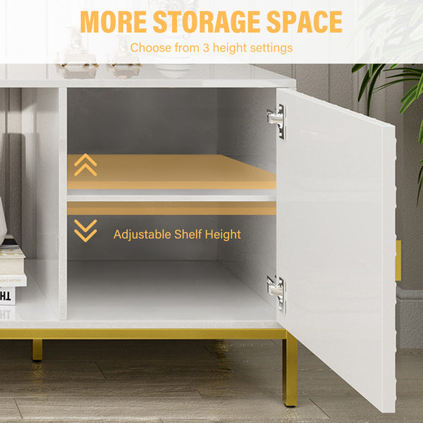 English Elm 70 Electric Fireplace TV Stand with Honeycomb Doors & Gold Legs, Sturdy MDF Console with Adjustable Shelves and Open Storage for Modern Living Room White 75.6 L x 19.3 W x 5.5 H T3609P332396