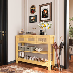English Elm 43.3" Farmhouse Console Table Rattan Drawer Fronts Open Shelving Entryway Storage Natural Wood T3210P426416