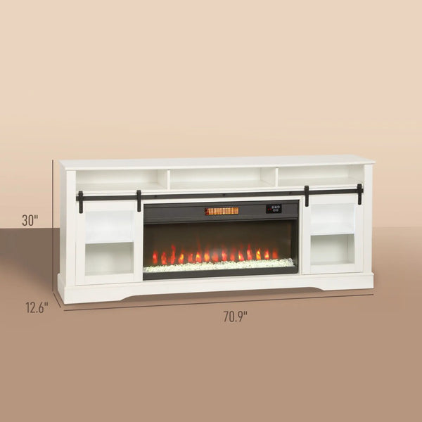 English Elm Tv Console with Electric Fireplace Mdf Steel Frame Glass Cabinet Media Storage White T3971S00088