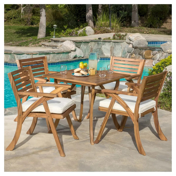 English Elm Christopher Knight Home® - Outdoor Hermosa 5-Piece Teak Wood Dining Set With Cream Cushions For Stylish Alfresco Dining 54555.00TEA4-57234.00