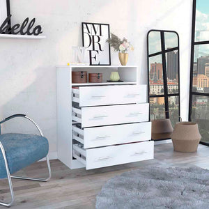 English Elm Four Drawer Dresser with Superior Top and Open Shelf, Engineered Wood, Metal Hardware, Modern Storage White 47 L x 21 W x 4 H B097S00114