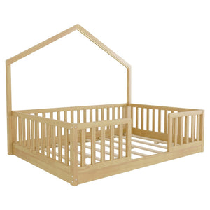 English Elm Twin Montessori Floor Bed House Frame with Led Lighting and Safety Rails for Kids Natural W2593P440609