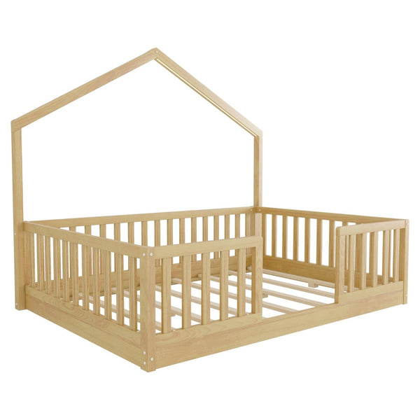 English Elm Twin Montessori Floor Bed House Frame with Led Lighting and Safety Rails for Kids Natural W2593P440609