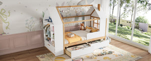 English Elm Twin House Frame Bed Pine Wood with Storage Drawers and Shelves for Kids Bedroom W1580S00572