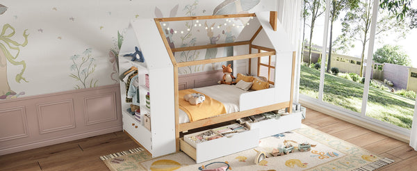 English Elm Twin House Frame Bed Pine Wood with Storage Drawers and Shelves for Kids Bedroom W1580S00572