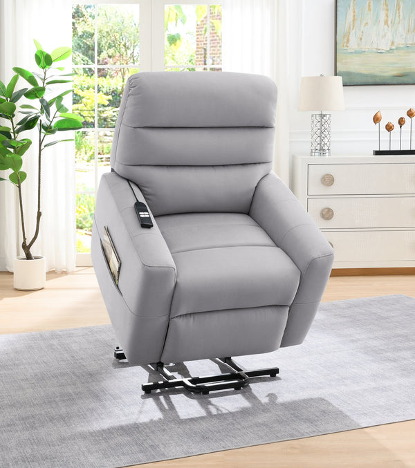 English Elm Freddie Gray Faux Leather Power Lift Recliner Gray with 2 Motors, 180° Lay-Flat, Remote Control B2726P404905