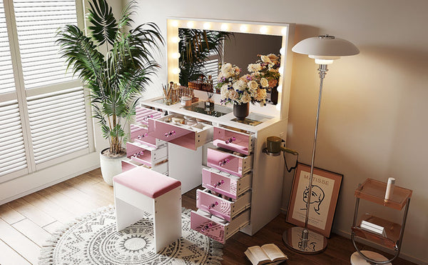 English Elm Makeup Vanity Desk Set with Hollywood Led Mirror Cushioned Stool and Crystal Drawer Pulls N704P340230K